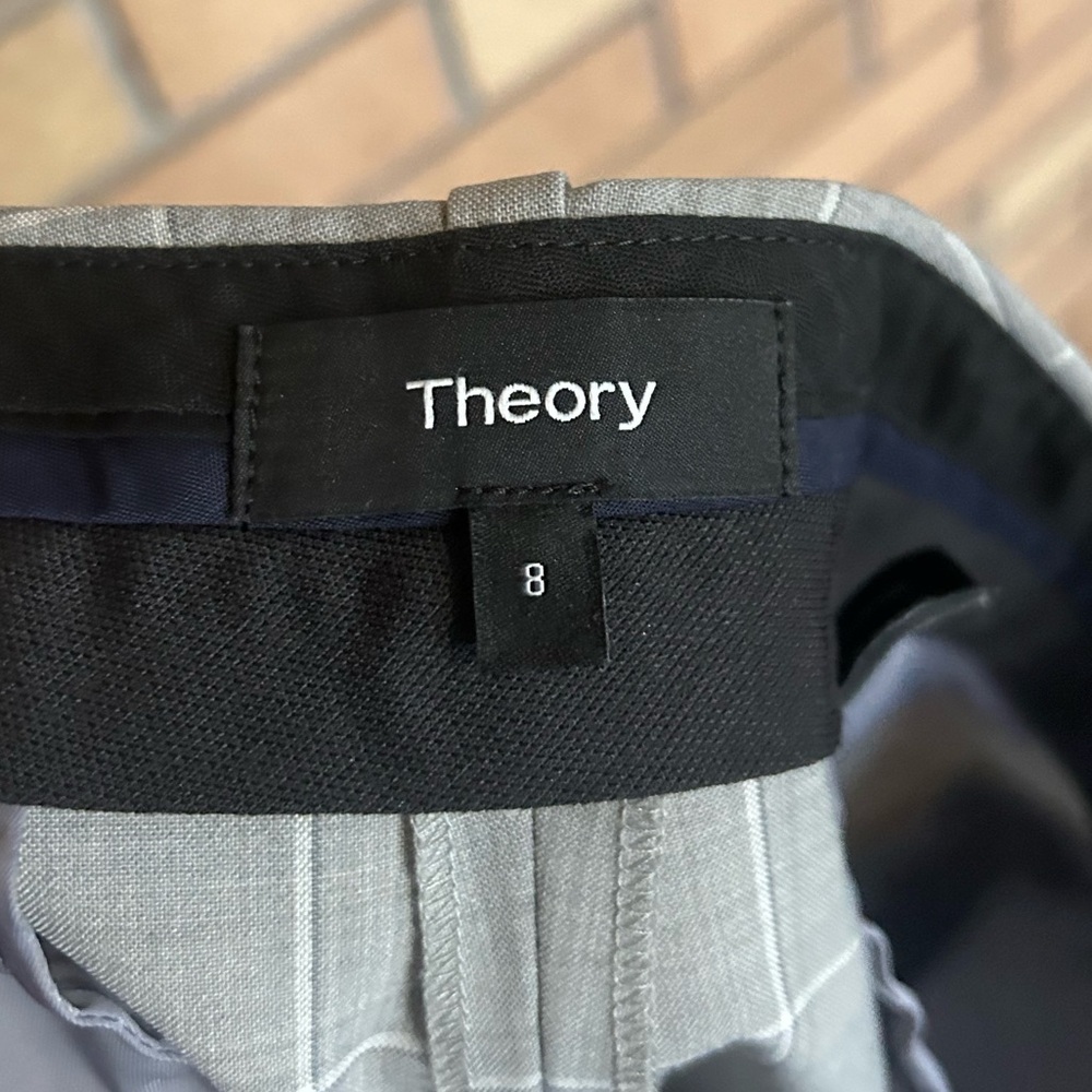 Theory Treeca Trousers Pants Gray Cyrus Grid Plaid Wool Straight Ankle Size 8 - Picture 3 of 6